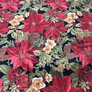Woodland Splendor Quilting Fabric Poinsettia Roses Pinecones 33" X 44"